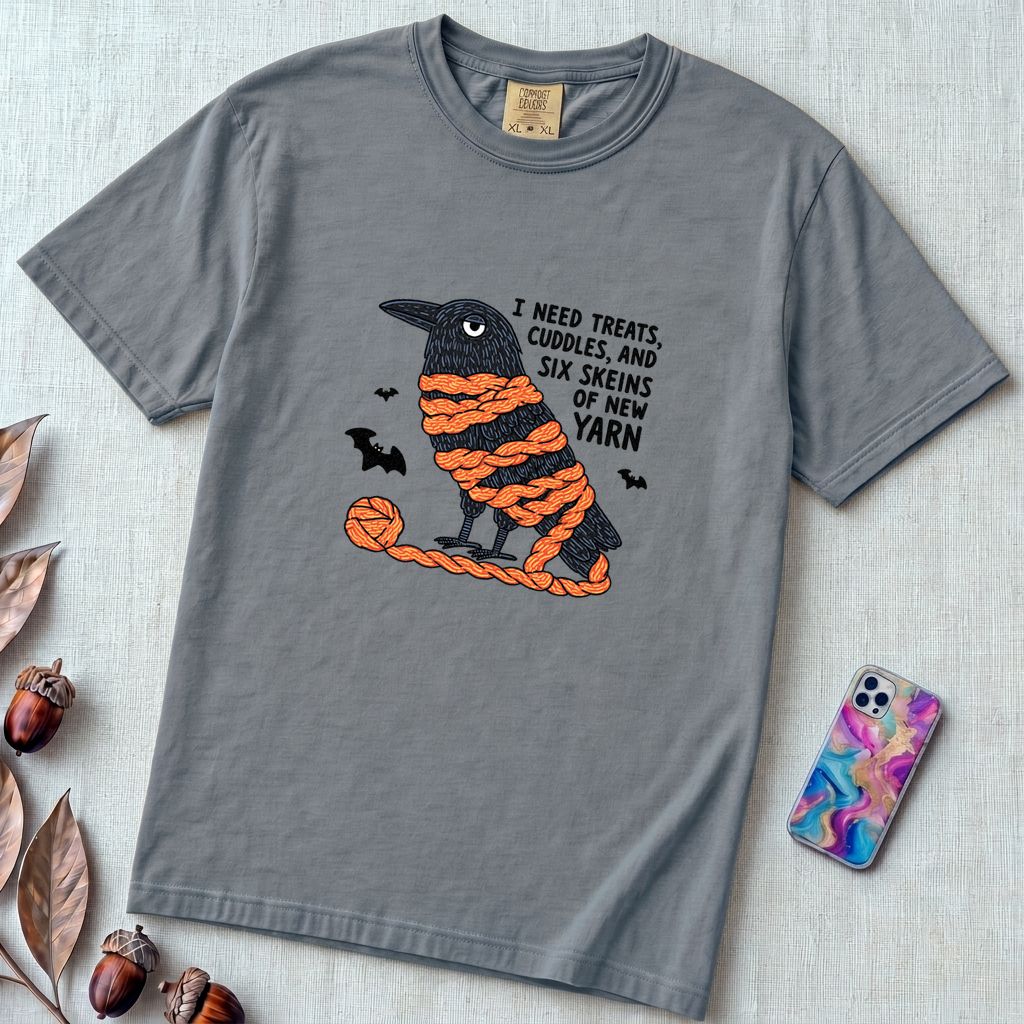 I Need Treats, Cuddles, And Six Skeins Of New Yarn T-Shirt, Crochet Halloween Shirt - Blue Jean unfolded t-shirt mockup