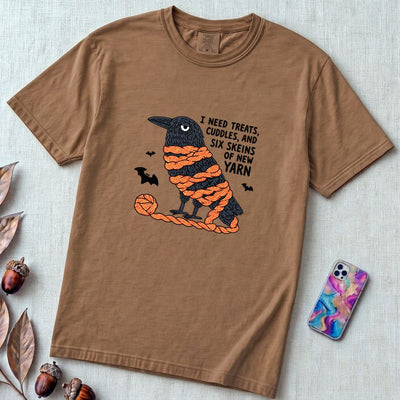 I Need Treats, Cuddles, And Six Skeins Of New Yarn T-Shirt, Crochet Halloween Shirt - Espresso unfolded t-shirt mockup