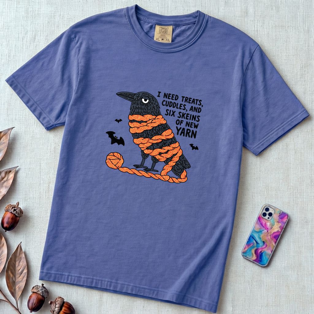 I Need Treats, Cuddles, And Six Skeins Of New Yarn T-Shirt, Crochet Halloween Shirt - Flo Blue unfolded t-shirt mockup