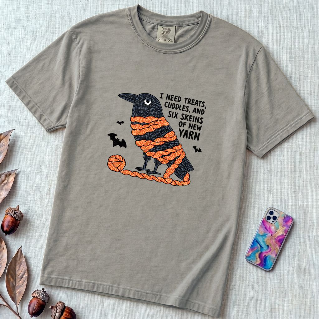 I Need Treats, Cuddles, And Six Skeins Of New Yarn T-Shirt, Crochet Halloween Shirt - Granite unfolded t-shirt mockup