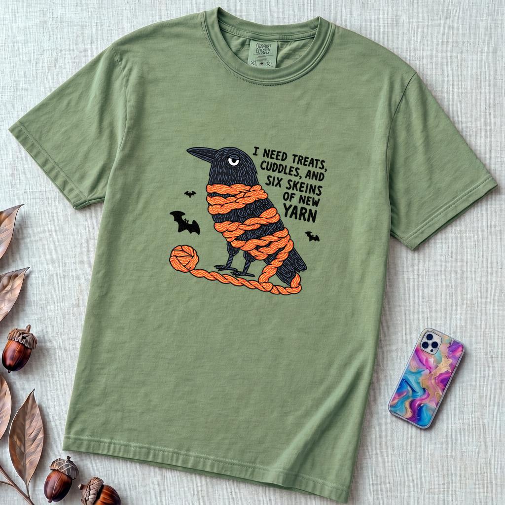 I Need Treats, Cuddles, And Six Skeins Of New Yarn T-Shirt, Crochet Halloween Shirt - Light Green unfolded t-shirt mockup