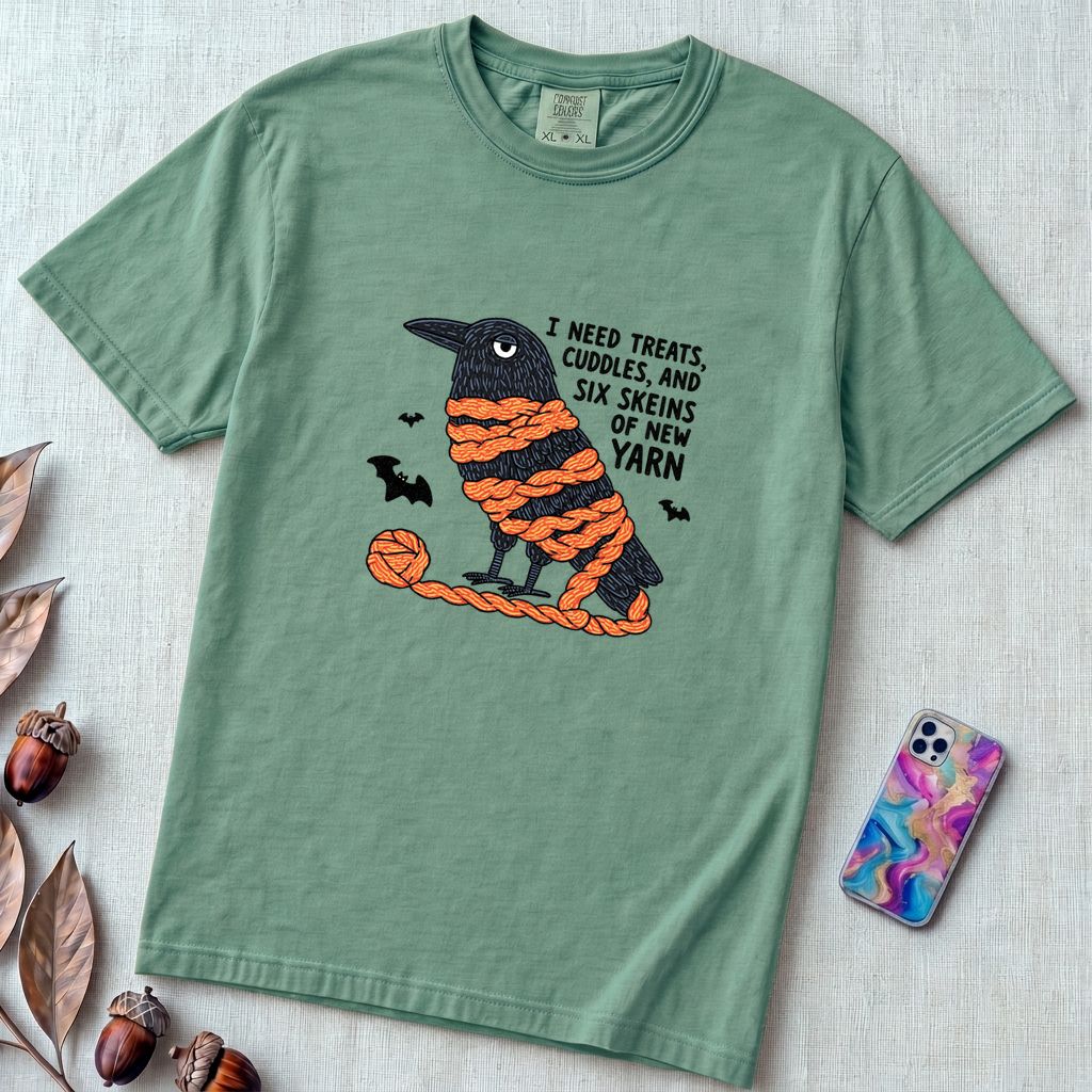 I Need Treats, Cuddles, And Six Skeins Of New Yarn T-Shirt, Crochet Halloween Shirt - Seafoam unfolded t-shirt mockup