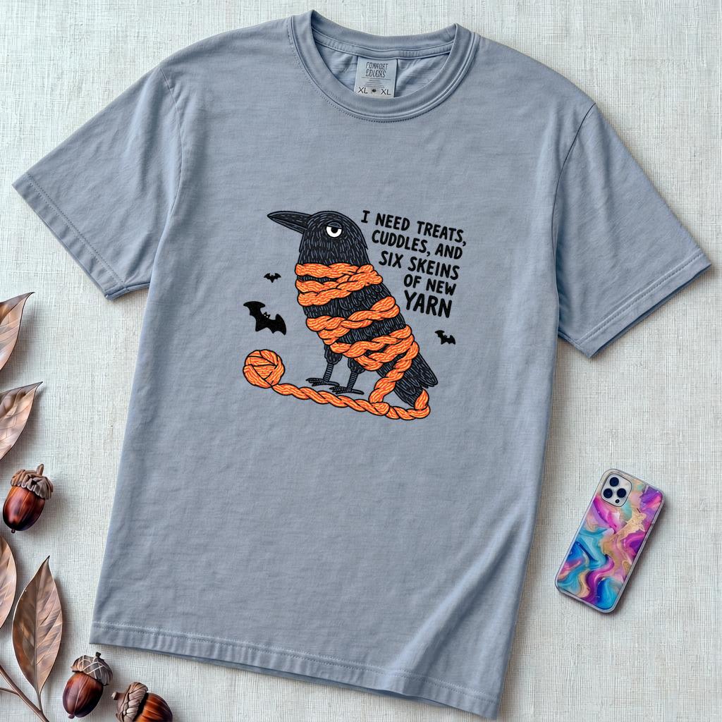I Need Treats, Cuddles, And Six Skeins Of New Yarn T-Shirt, Crochet Halloween Shirt - Washed Denim unfolded t-shirt mockup
