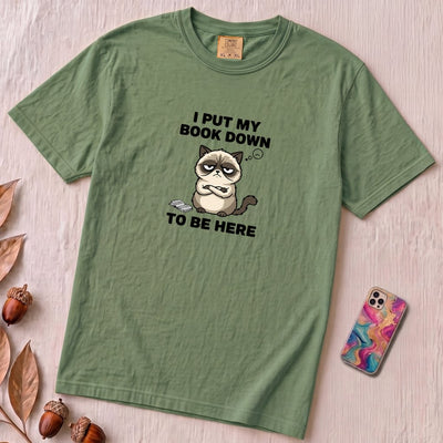 I Put My Book Down To Be Here Shirt, Funny Grumpy Cat Book Lover Tee - Light Green unfolded t-shirt mockup