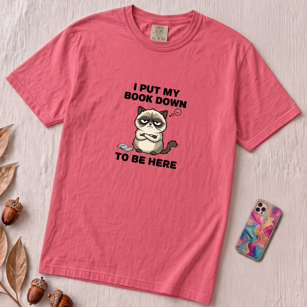 I Put My Book Down To Be Here Shirt, Funny Grumpy Cat Book Lover Tee - Watermelon unfolded t-shirt mockup