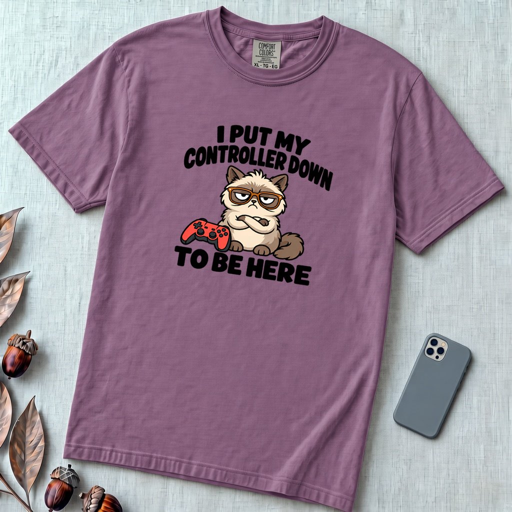I Put My Controller Down To Be Here Cat T-Shirt, Grumpy Cat Tee for Gamer - Berry unfolded t-shirt mockup