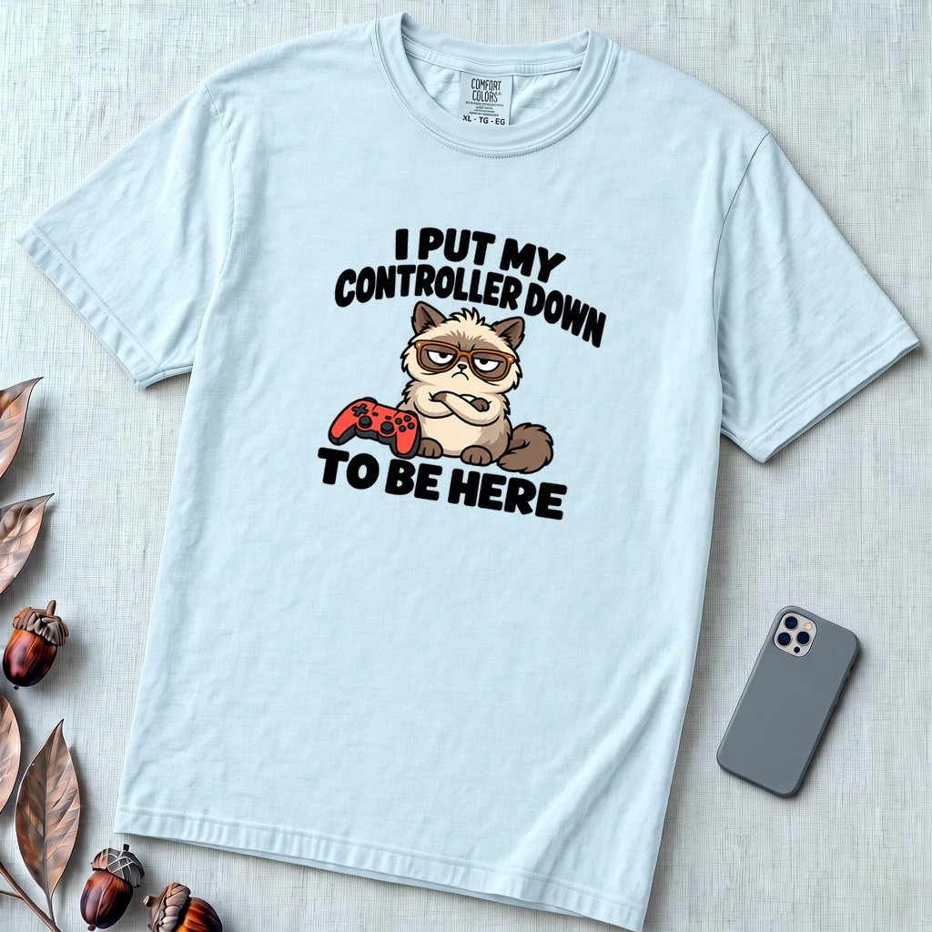 I Put My Controller Down To Be Here Cat T-Shirt, Grumpy Cat Tee for Gamer - Chambray unfolded t-shirt mockup