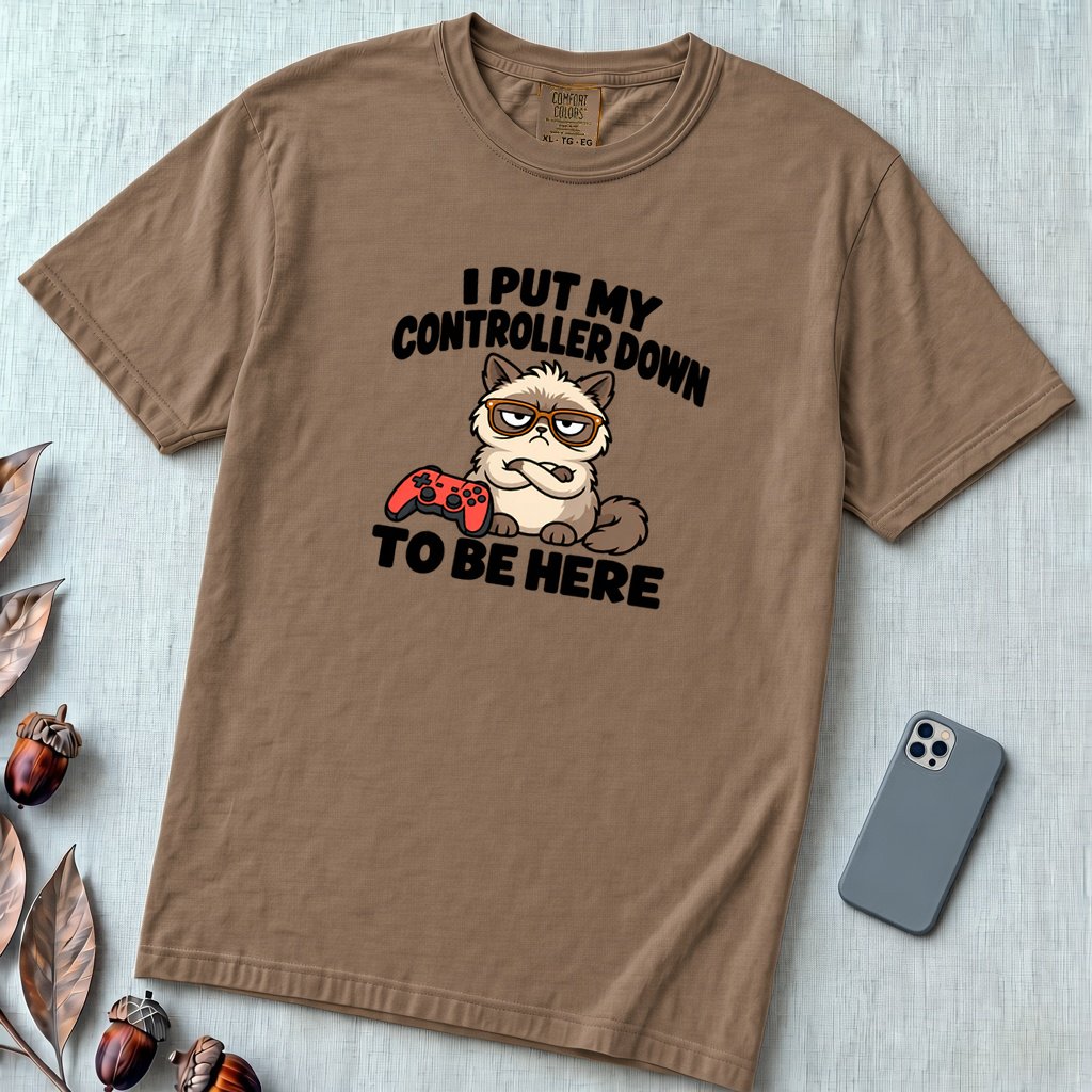 I Put My Controller Down To Be Here Cat T-Shirt, Grumpy Cat Tee for Gamer - Espresso unfolded t-shirt mockup