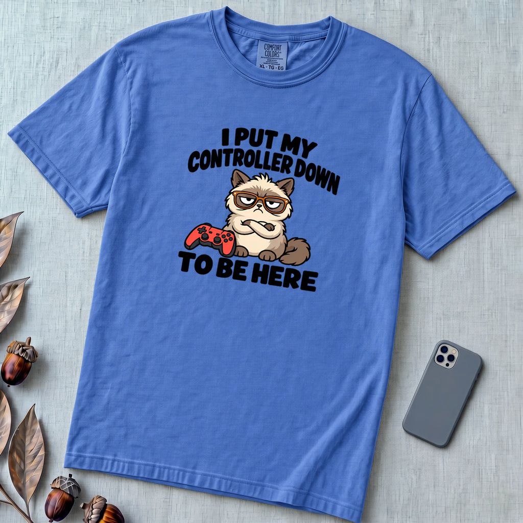 I Put My Controller Down To Be Here Cat T-Shirt, Grumpy Cat Tee for Gamer - Flo Blue unfolded t-shirt mockup