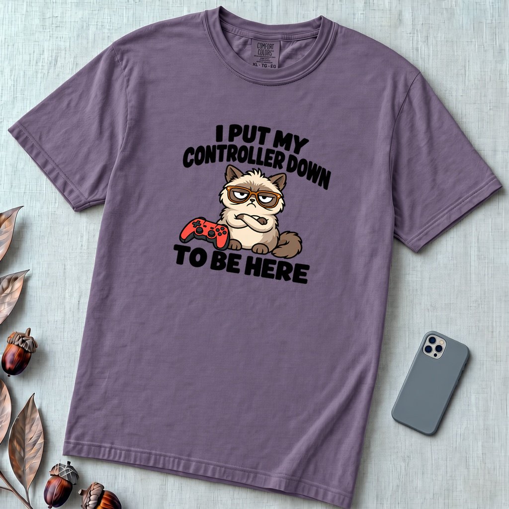 I Put My Controller Down To Be Here Cat T-Shirt, Grumpy Cat Tee for Gamer - Grape unfolded t-shirt mockup