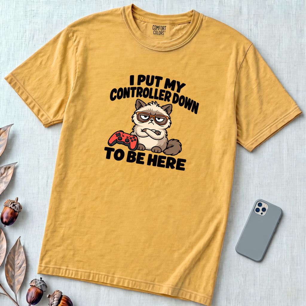 I Put My Controller Down To Be Here Cat T-Shirt, Grumpy Cat Tee for Gamer - Mustard unfolded t-shirt mockup