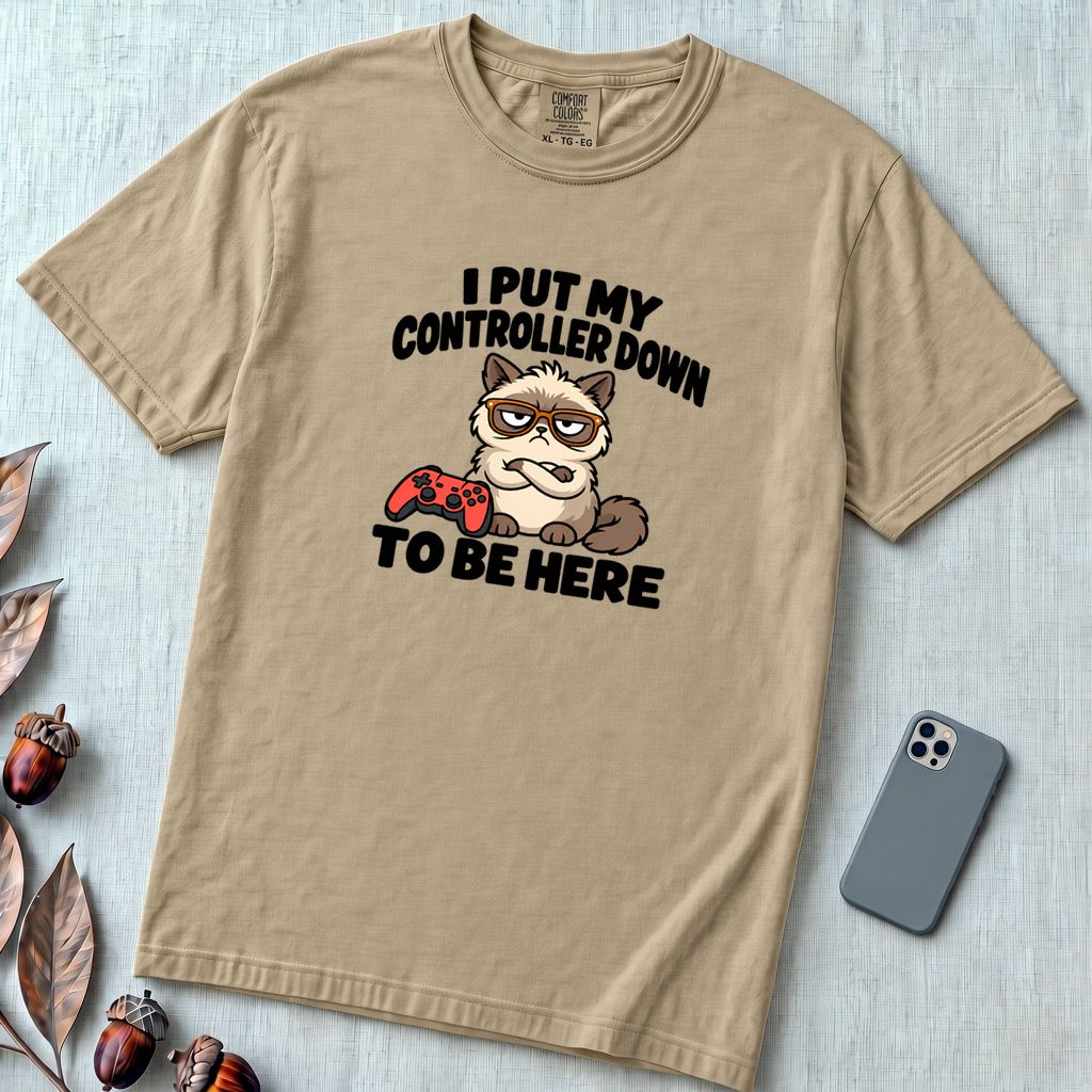 I Put My Controller Down To Be Here Cat T-Shirt, Grumpy Cat Tee for Gamer - Sandstone unfolded t-shirt mockup