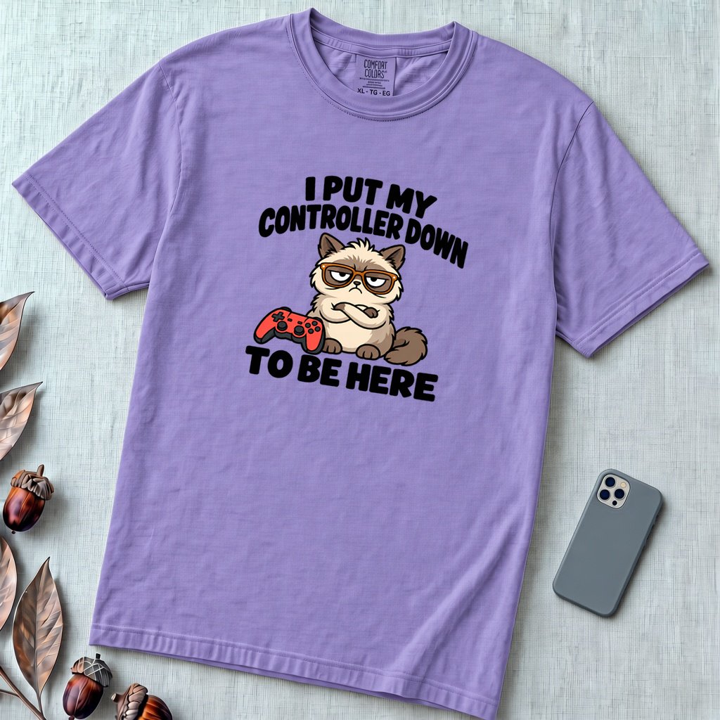 I Put My Controller Down To Be Here Cat T-Shirt, Grumpy Cat Tee for Gamer - Violet unfolded t-shirt mockup