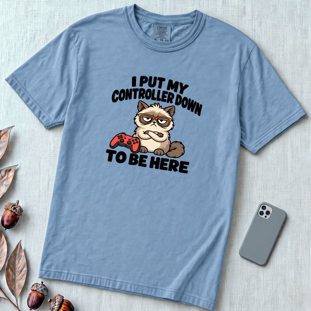 I Put My Controller Down To Be Here Cat T-Shirt, Grumpy Cat Tee for Gamer - Washed Denim unfolded t-shirt mockup