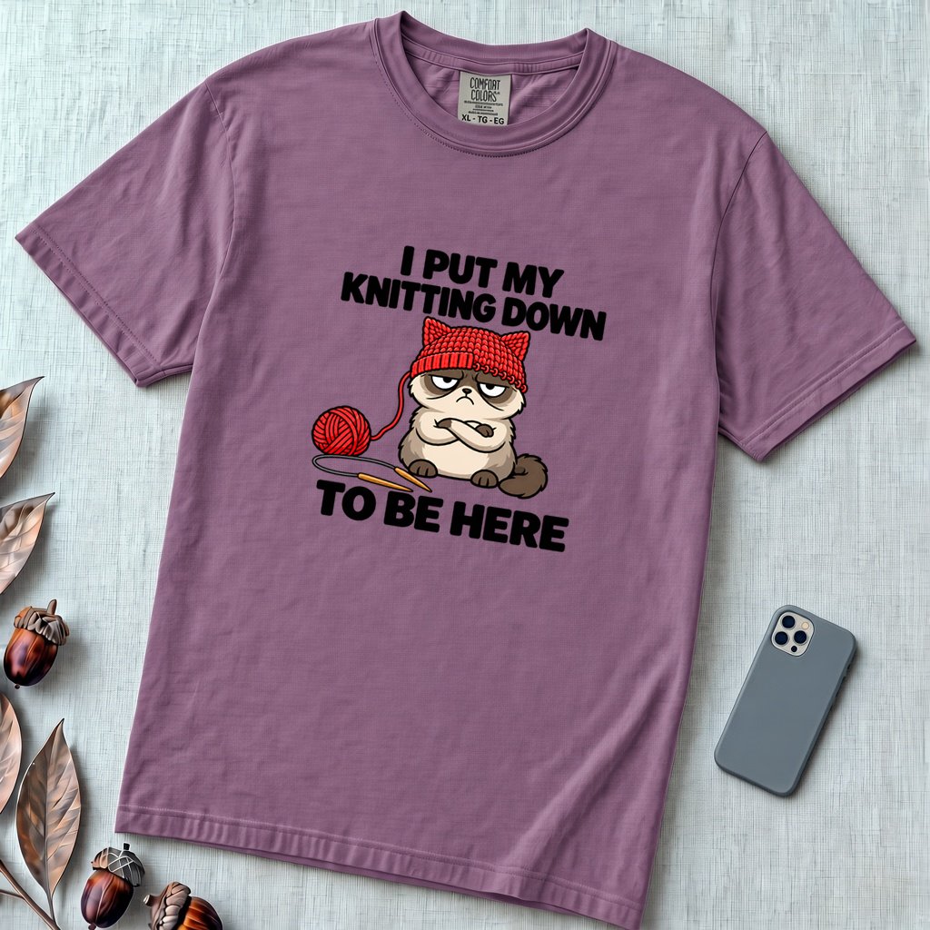 I Put My Knitting Down To Be Here Grumpy Cat T-Shirt, Funny Knitter Cat - Berry unfolded t-shirt mockup