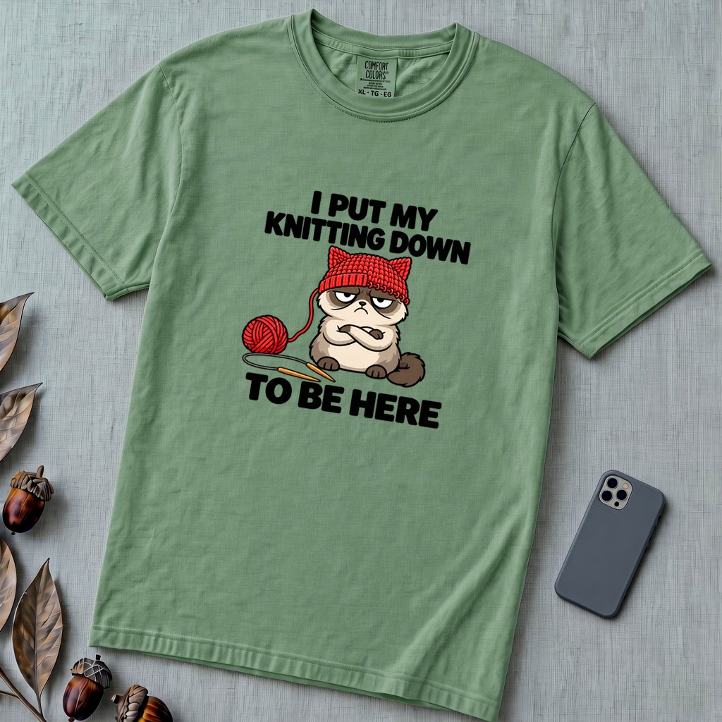 I Put My Knitting Down To Be Here Grumpy Cat T-Shirt, Funny Knitter Cat - Light Green unfolded t-shirt mockup