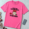 I Put My Knitting Down To Be Here Grumpy Cat T-Shirt, Funny Knitter Cat - Neon Pink unfolded t-shirt mockup