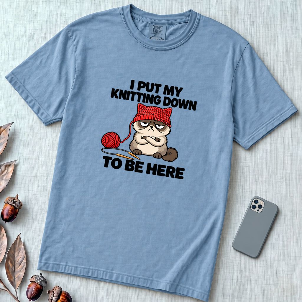 I Put My Knitting Down To Be Here Grumpy Cat T-Shirt, Funny Knitter Cat - Washed Denim unfolded t-shirt mockup
