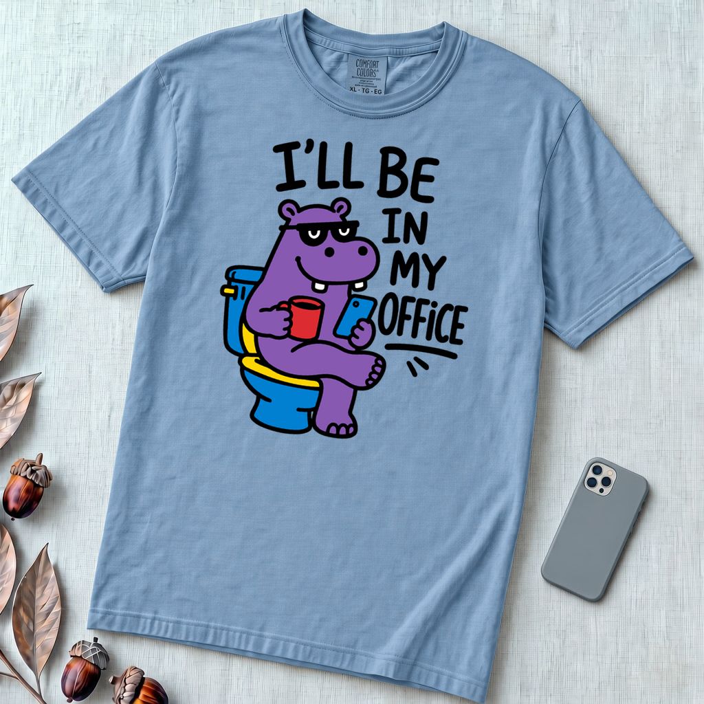 I’ll Be in My Office Hippo T-Shirt - Washed Denim unfolded t-shirt mockup