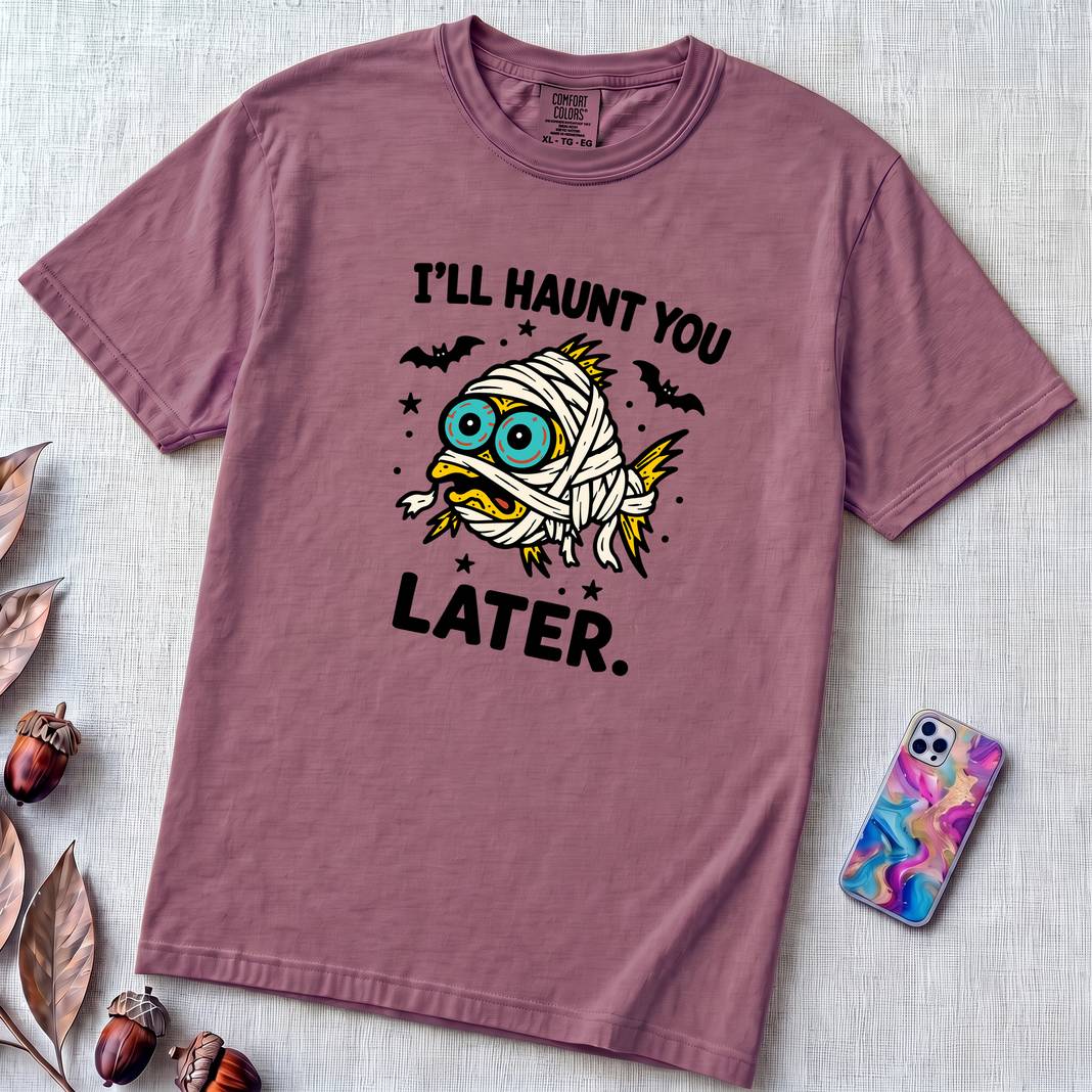 I’ll Haunt You Later Mummy Fish T-Shirt for Halloween - Berry unfolded t-shirt mockup