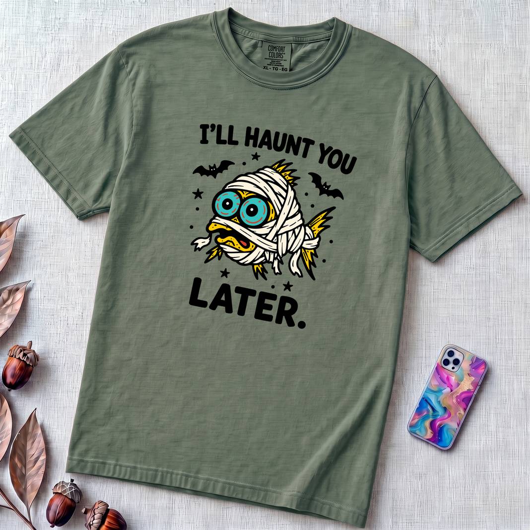 I’ll Haunt You Later Mummy Fish T-Shirt for Halloween - Blue Spruce unfolded t-shirt mockup