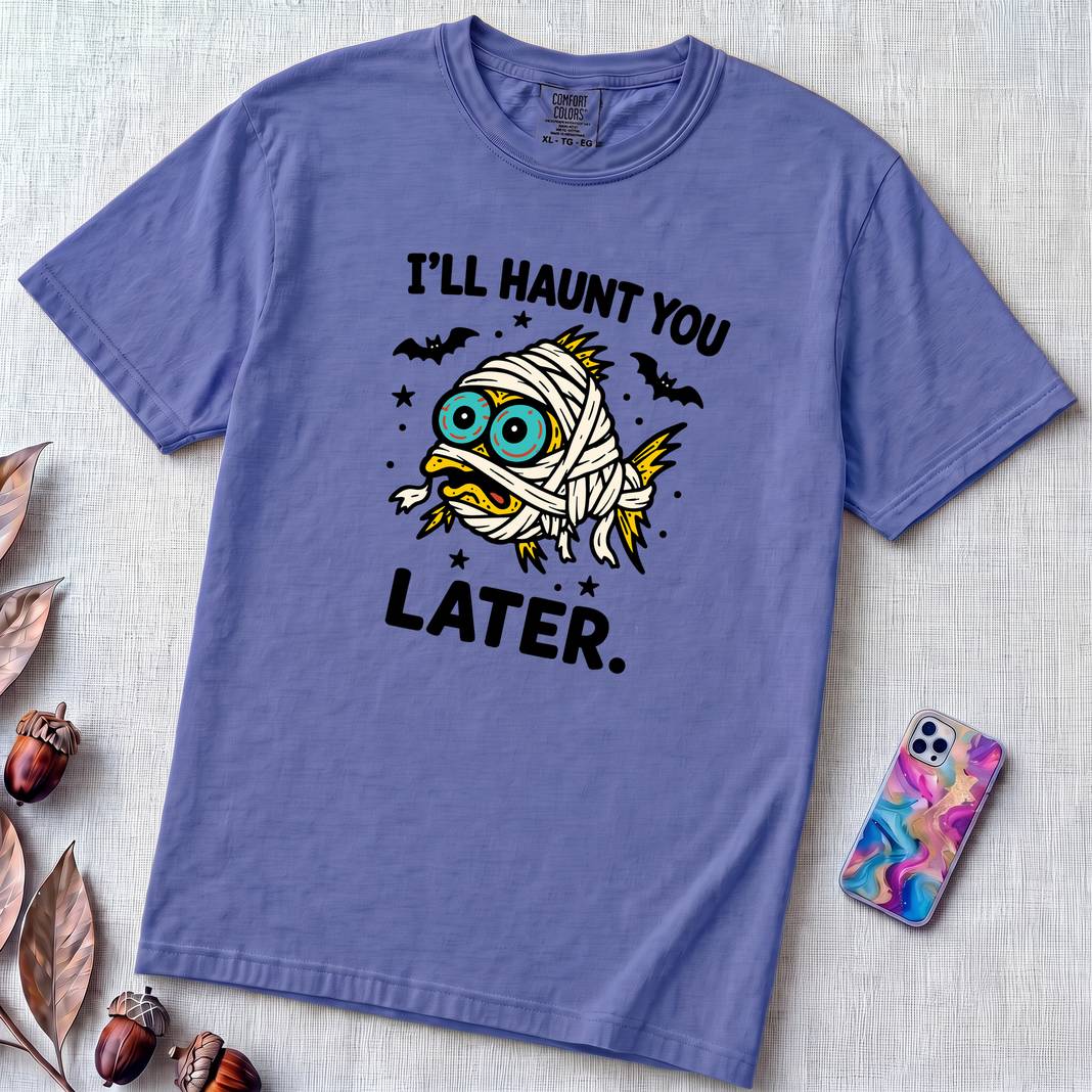 I’ll Haunt You Later Mummy Fish T-Shirt for Halloween - Flo Blue unfolded t-shirt mockup