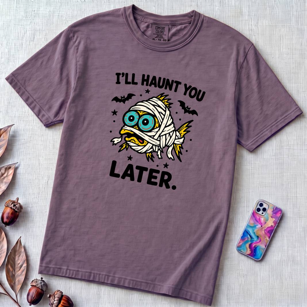 I’ll Haunt You Later Mummy Fish T-Shirt for Halloween - Grape unfolded t-shirt mockup