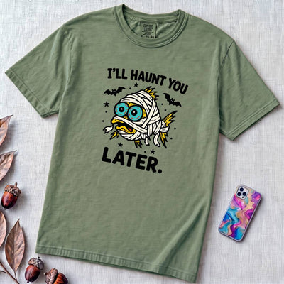 I’ll Haunt You Later Mummy Fish T-Shirt for Halloween - Light Green unfolded t-shirt mockup