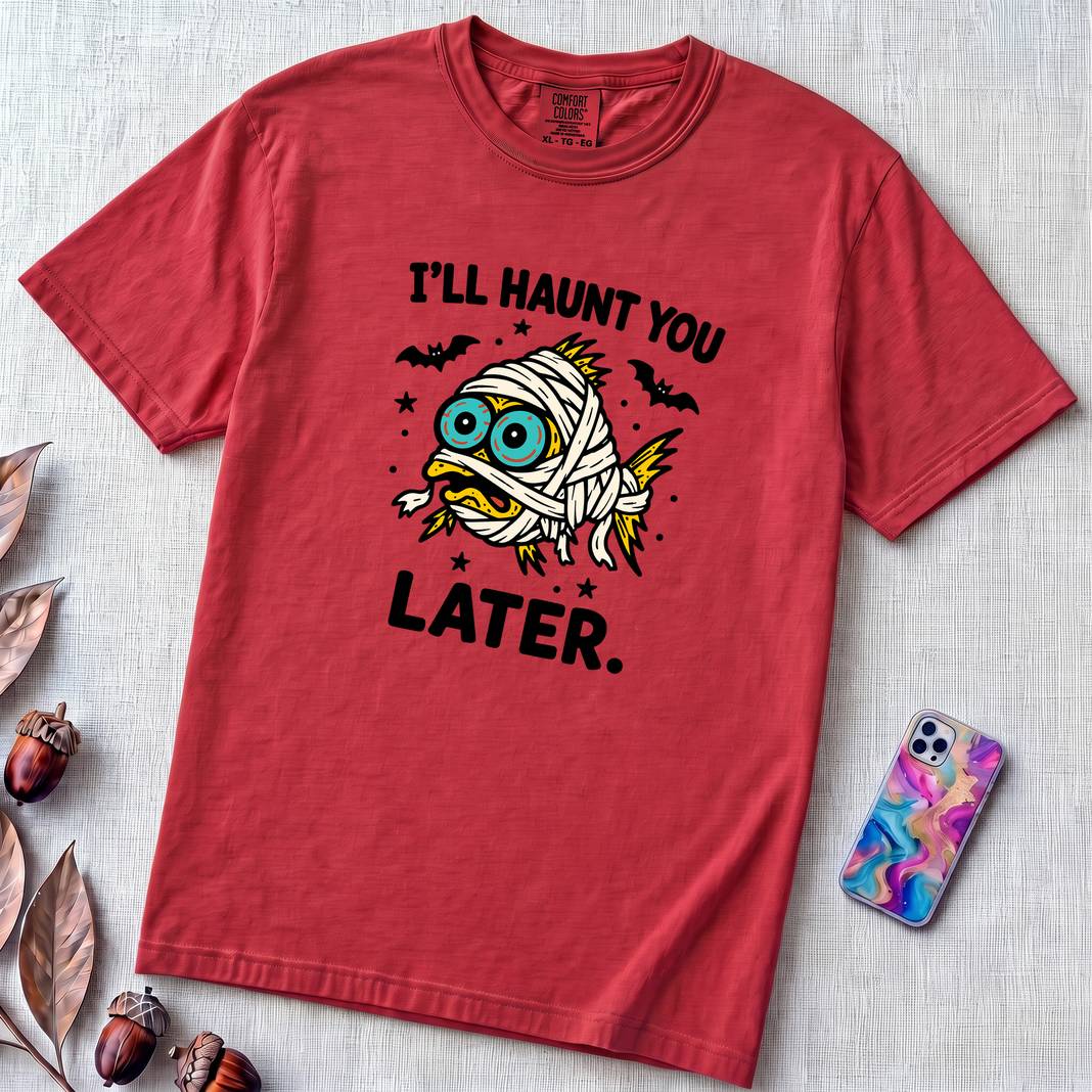 I’ll Haunt You Later Mummy Fish T-Shirt for Halloween - Red unfolded t-shirt mockup