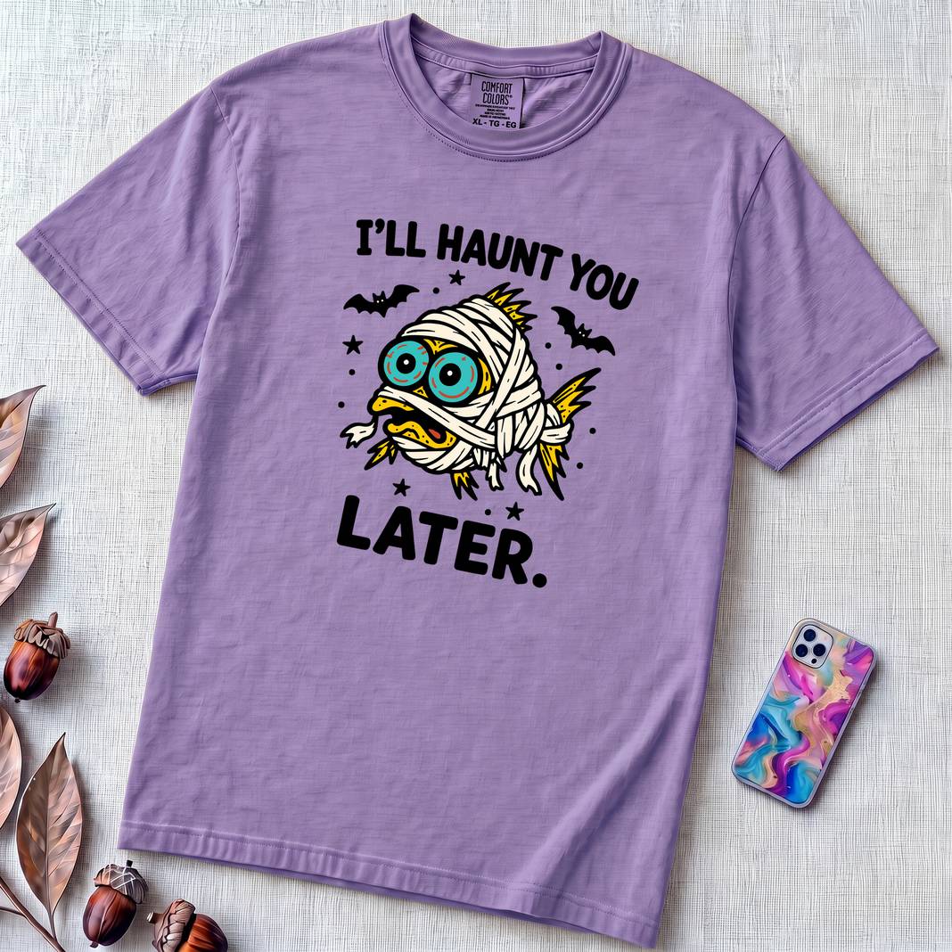 I’ll Haunt You Later Mummy Fish T-Shirt for Halloween - Violet unfolded t-shirt mockup