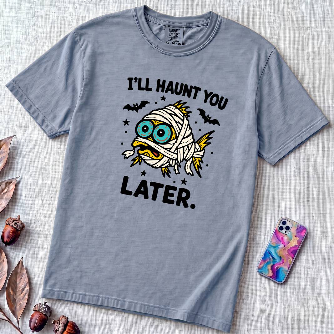 I’ll Haunt You Later Mummy Fish T-Shirt for Halloween - Washed Denim unfolded t-shirt mockup