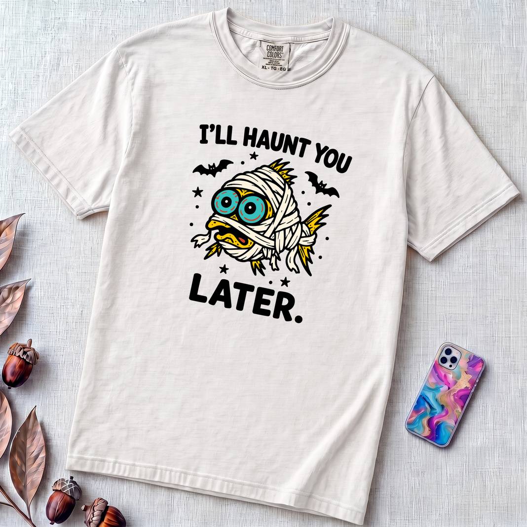I’ll Haunt You Later Mummy Fish T-Shirt for Halloween - White unfolded t-shirt mockup