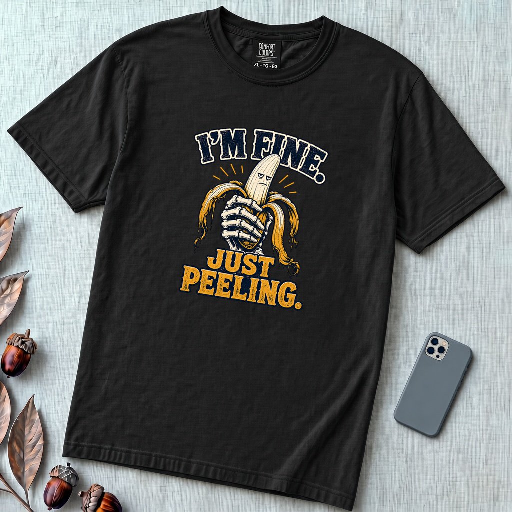 I’m Fine Banana T-Shirt - Black unfolded t-shirt mockup