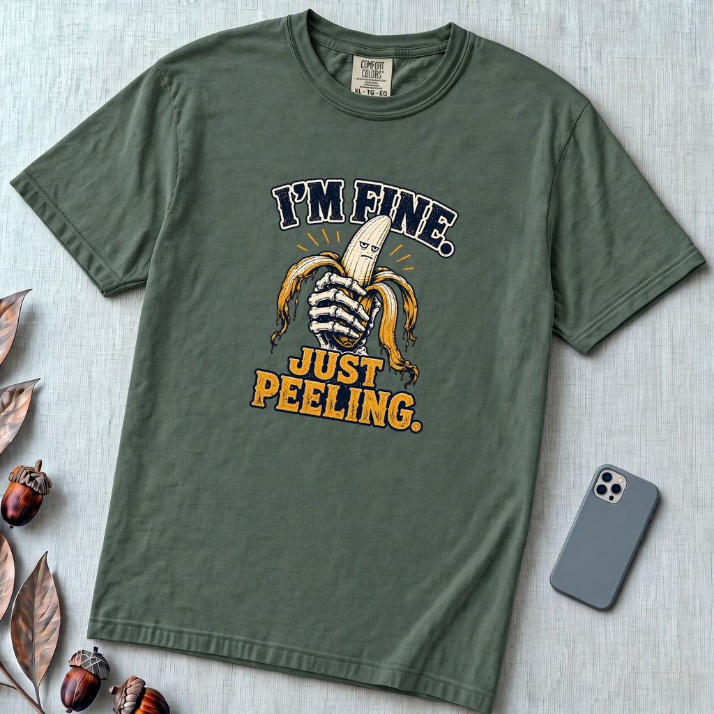 I’m Fine Banana T-Shirt - Blue Spruce unfolded t-shirt mockup
