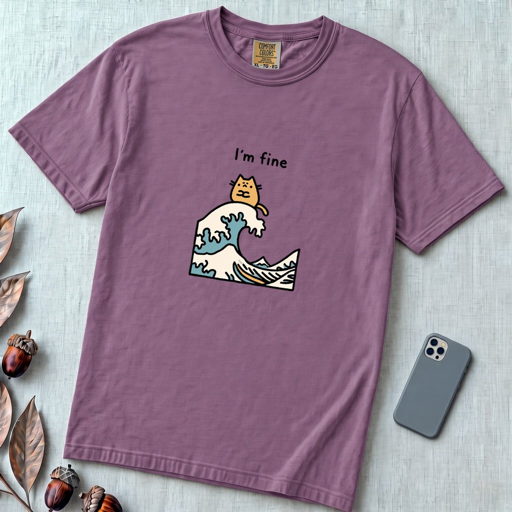 I’m Fine Cat Japanese Wave T-Shirt - Berry unfolded t-shirt mockup