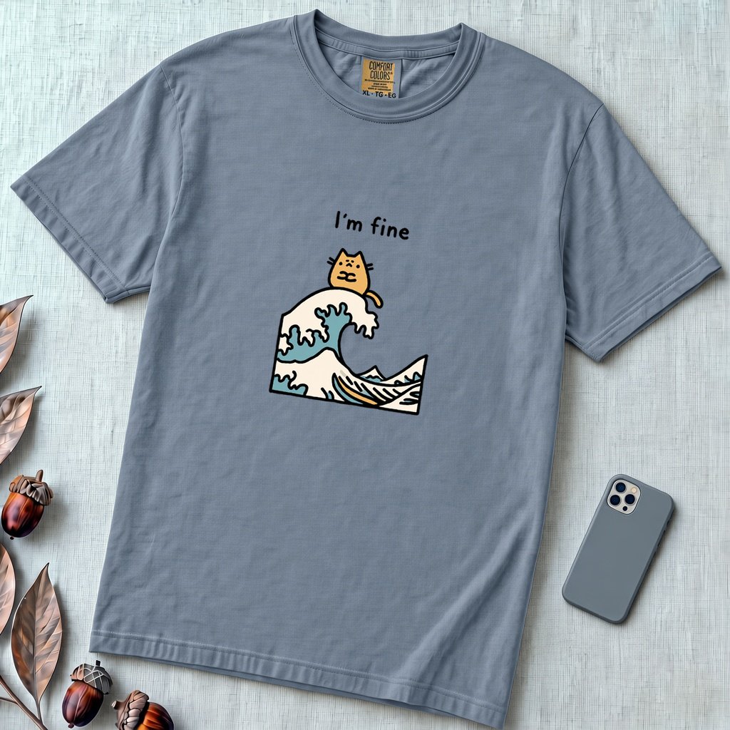 I’m Fine Cat Japanese Wave T-Shirt - Blue Jean unfolded t-shirt mockup