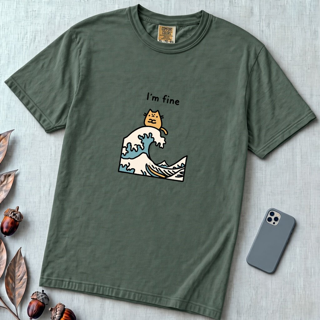 I’m Fine Cat Japanese Wave T-Shirt - Blue Spruce unfolded t-shirt mockup