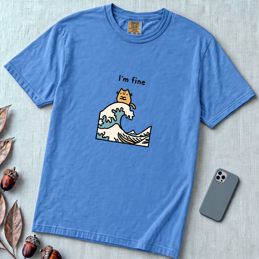 I’m Fine Cat Japanese Wave T-Shirt - Flo Blue unfolded t-shirt mockup