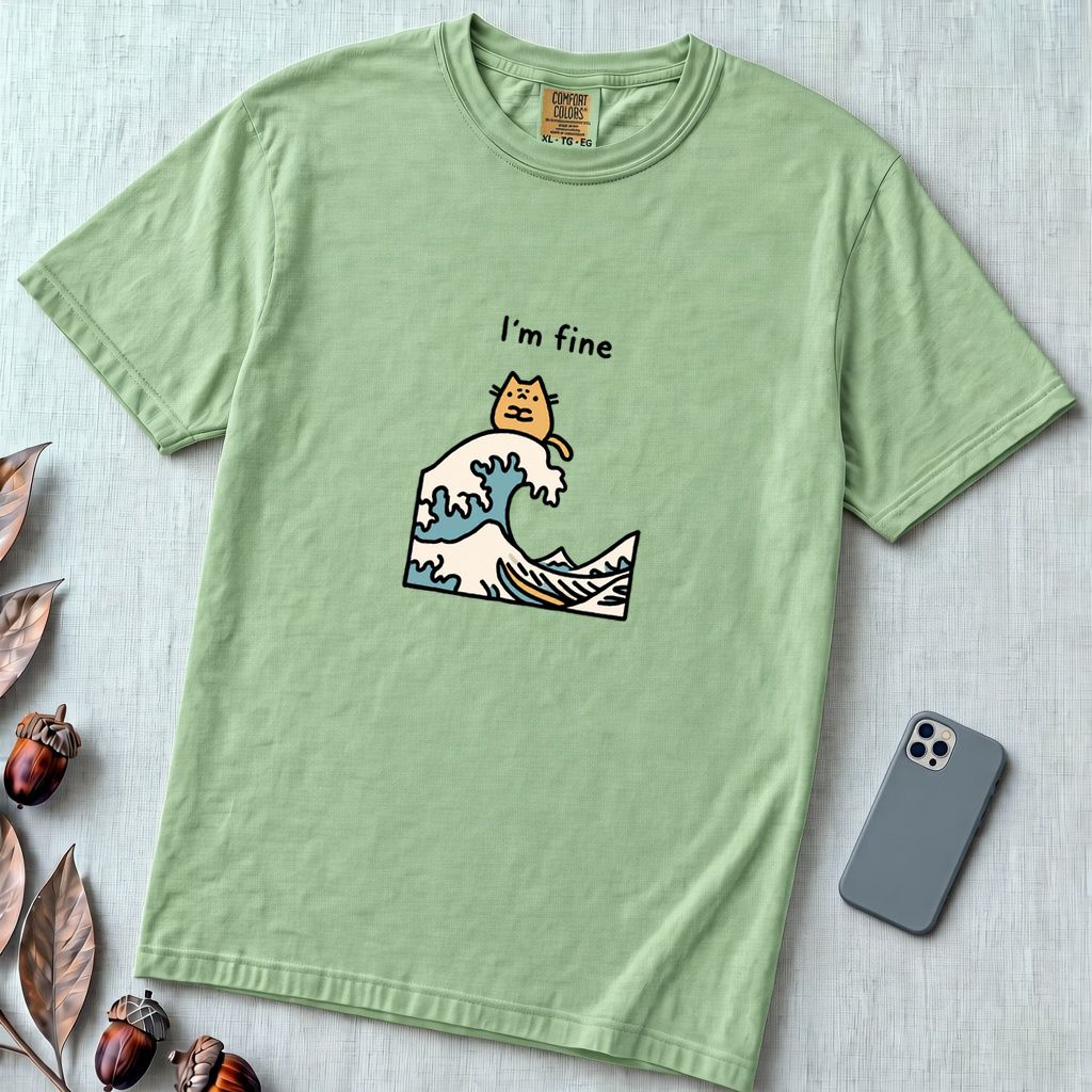 I’m Fine Cat Japanese Wave T-Shirt - Light Green unfolded t-shirt mockup