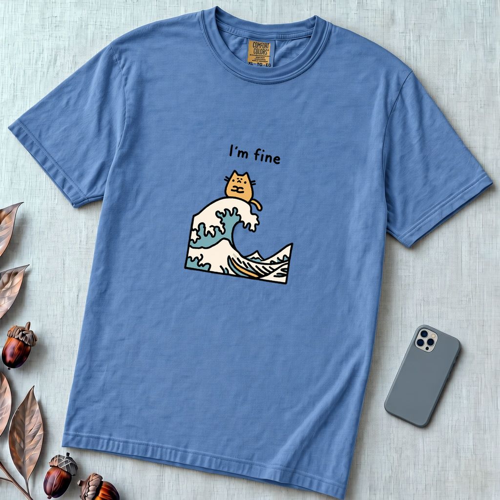 I’m Fine Cat Japanese Wave T-Shirt - Washed Denim unfolded t-shirt mockup