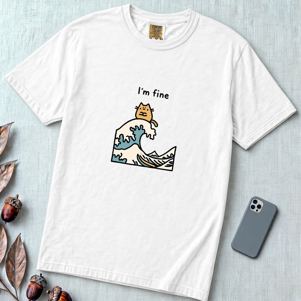 I’m Fine Cat Japanese Wave T-Shirt - White unfolded t-shirt mockup