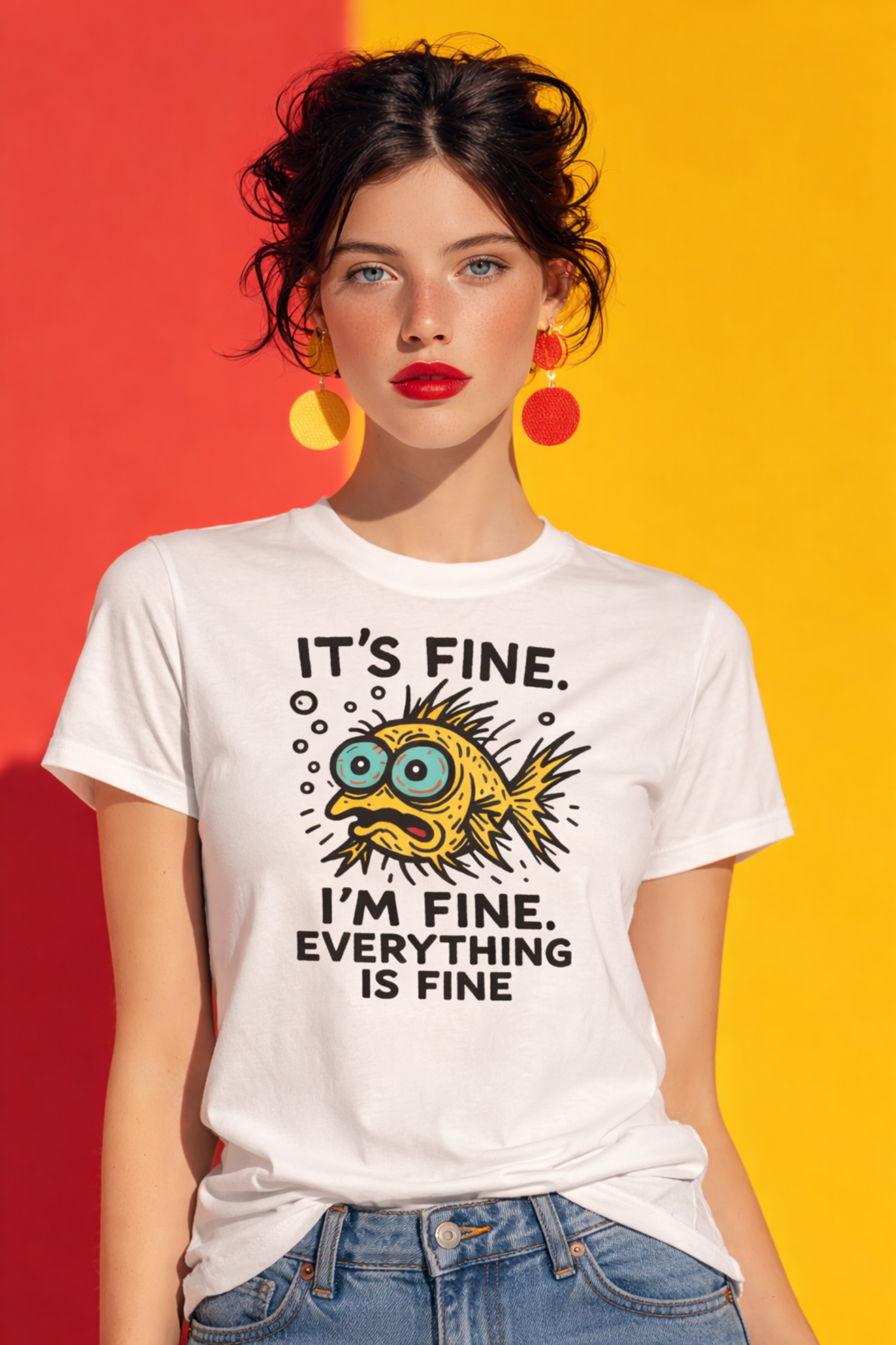 Woman wearing a white t-shirt with a fish graphic and text against a colorful background