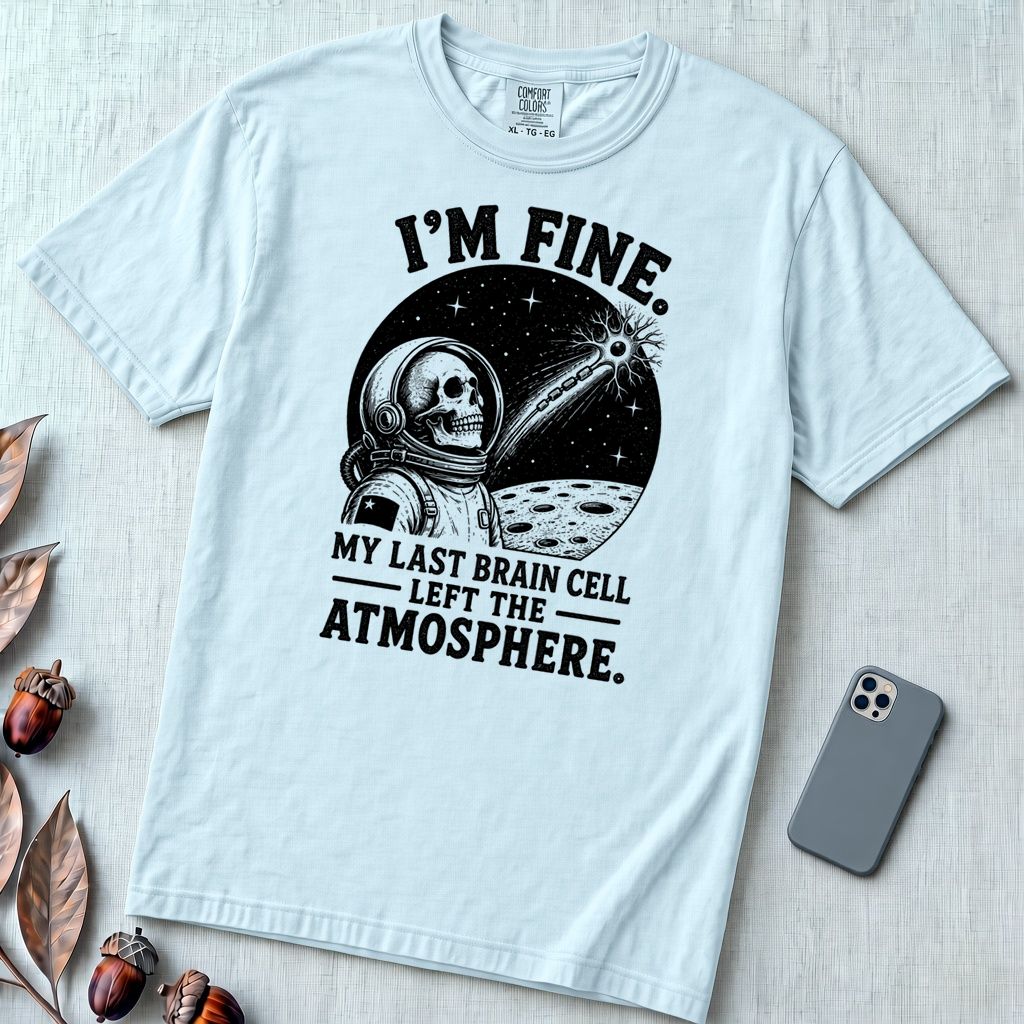 I’m Fine. My Last Brain Cell Left the Atmosphere T-Shirt - Chambray unfolded t-shirt mockup