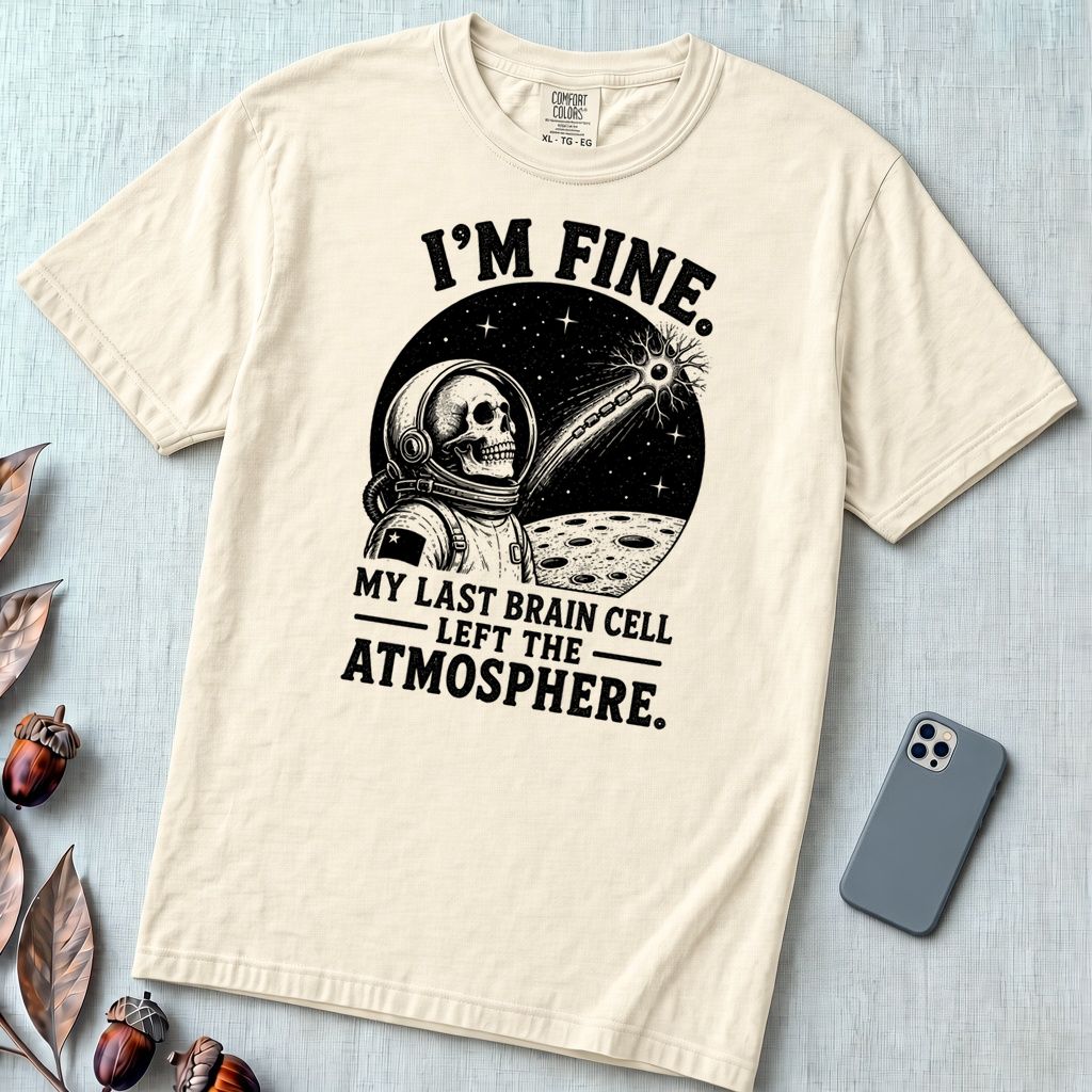 I’m Fine. My Last Brain Cell Left the Atmosphere T-Shirt - Ivory unfolded t-shirt mockup