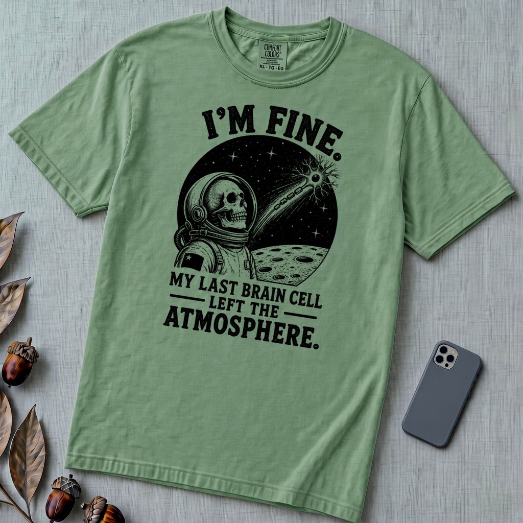 I’m Fine. My Last Brain Cell Left the Atmosphere T-Shirt - Light Green unfolded t-shirt mockup