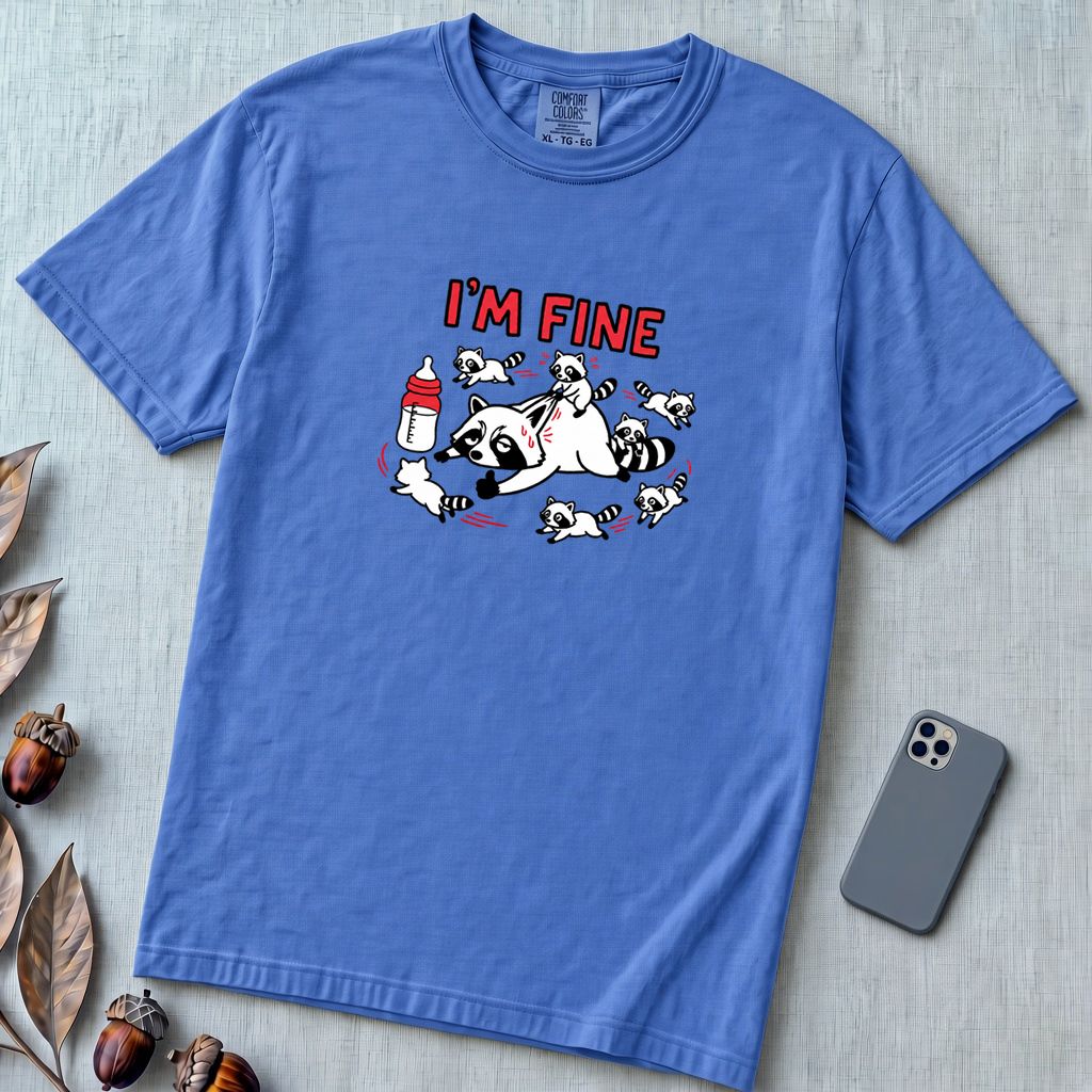 I’m Fine Raccoon Mom Graphic T-Shirt - Flo Blue unfolded t-shirt mockup