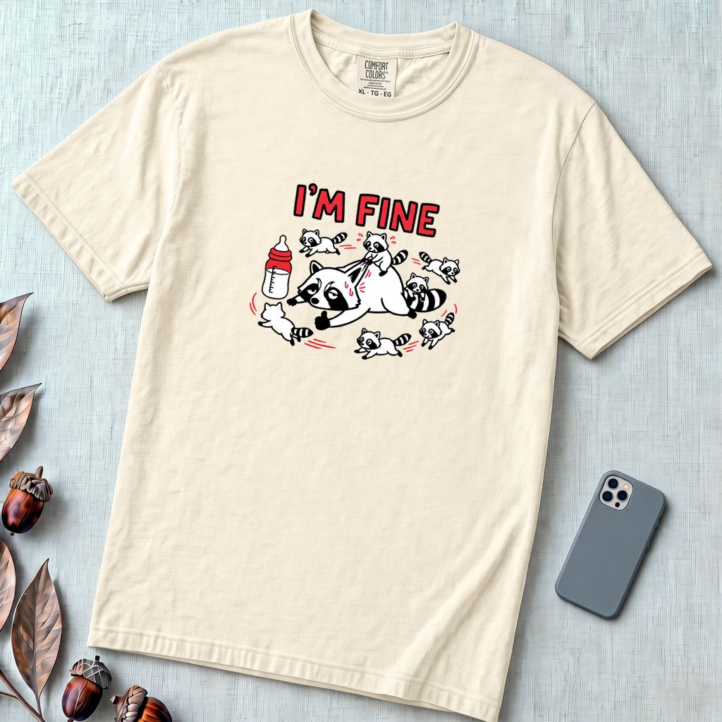 I’m Fine Raccoon Mom Graphic T-Shirt - Ivory unfolded t-shirt mockup