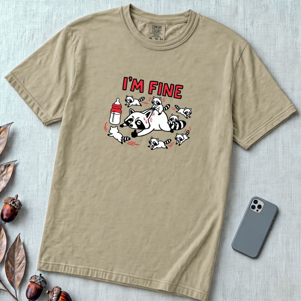 I’m Fine Raccoon Mom Graphic T-Shirt - Khaki unfolded t-shirt mockup