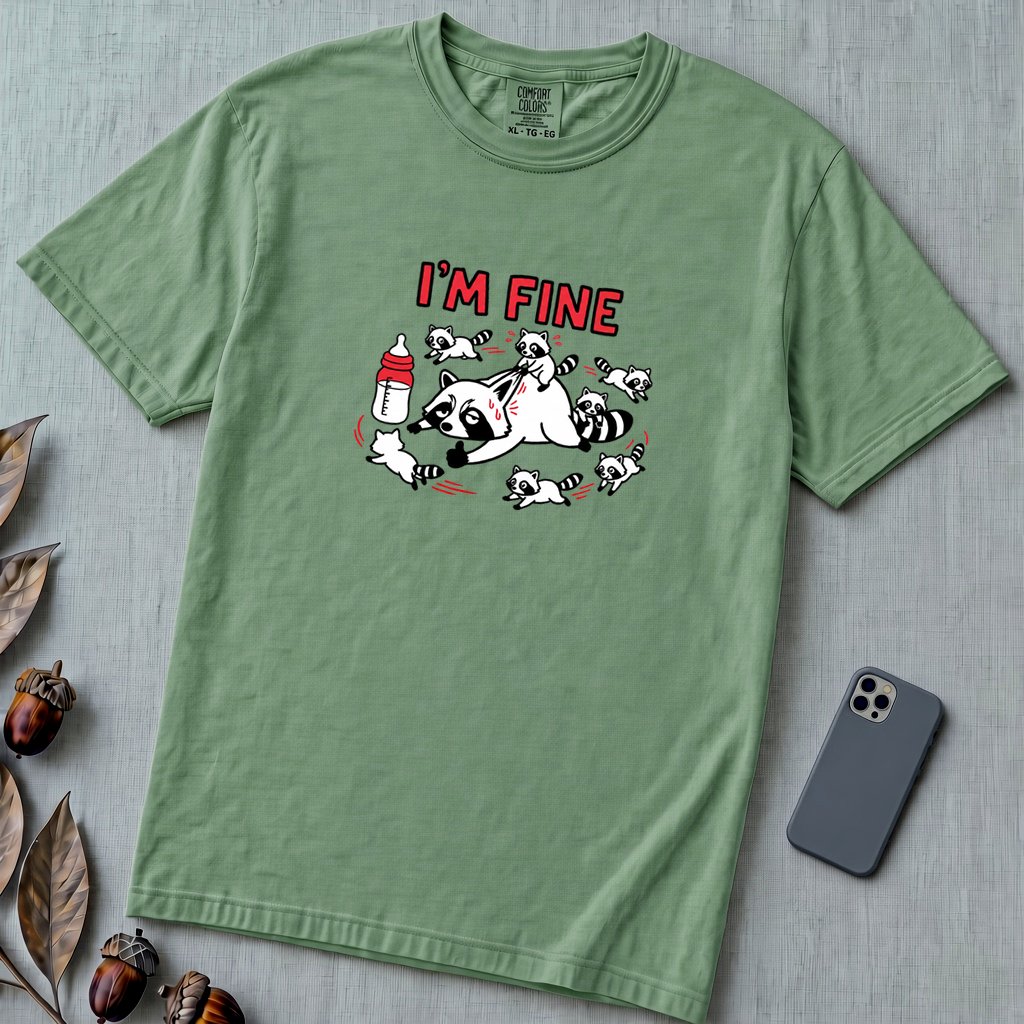 I’m Fine Raccoon Mom Graphic T-Shirt - Light Green unfolded t-shirt mockup