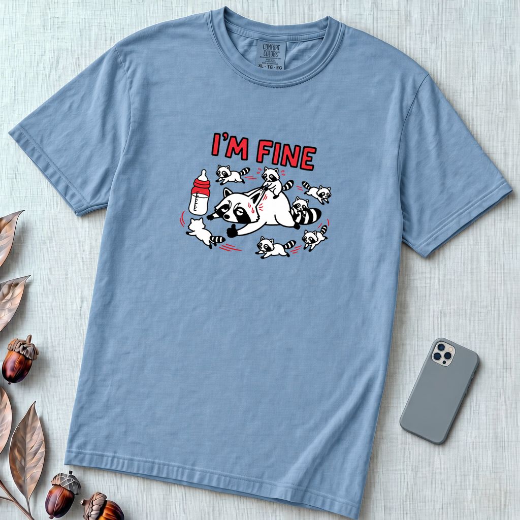 I’m Fine Raccoon Mom Graphic T-Shirt - Washed Denim unfolded t-shirt mockup